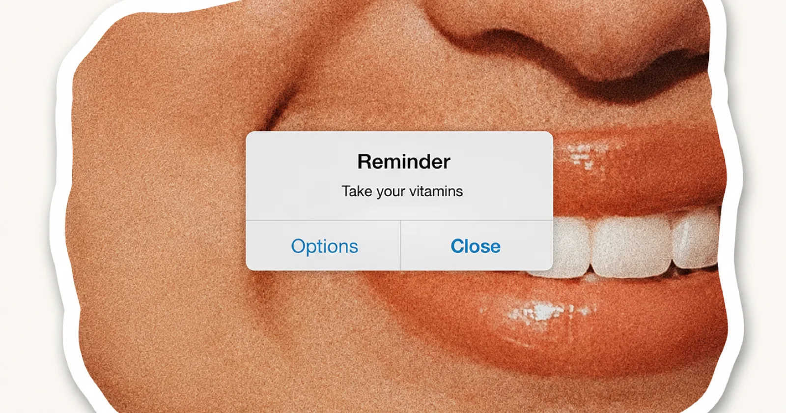 Collage éditorial : une bouche en gros plan, recouverte d'une boîte de dialogue proposant « Options » ou « Close »