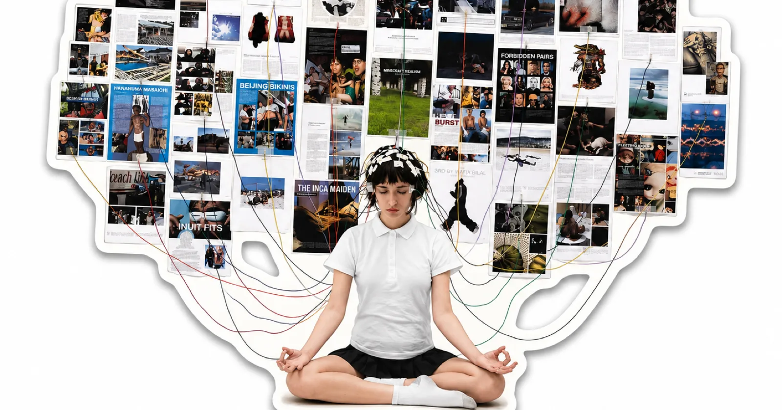 Collage éditorial : une silhouette assise reliée par des dizaines de fils colorés à un grand mur de pages imprimées