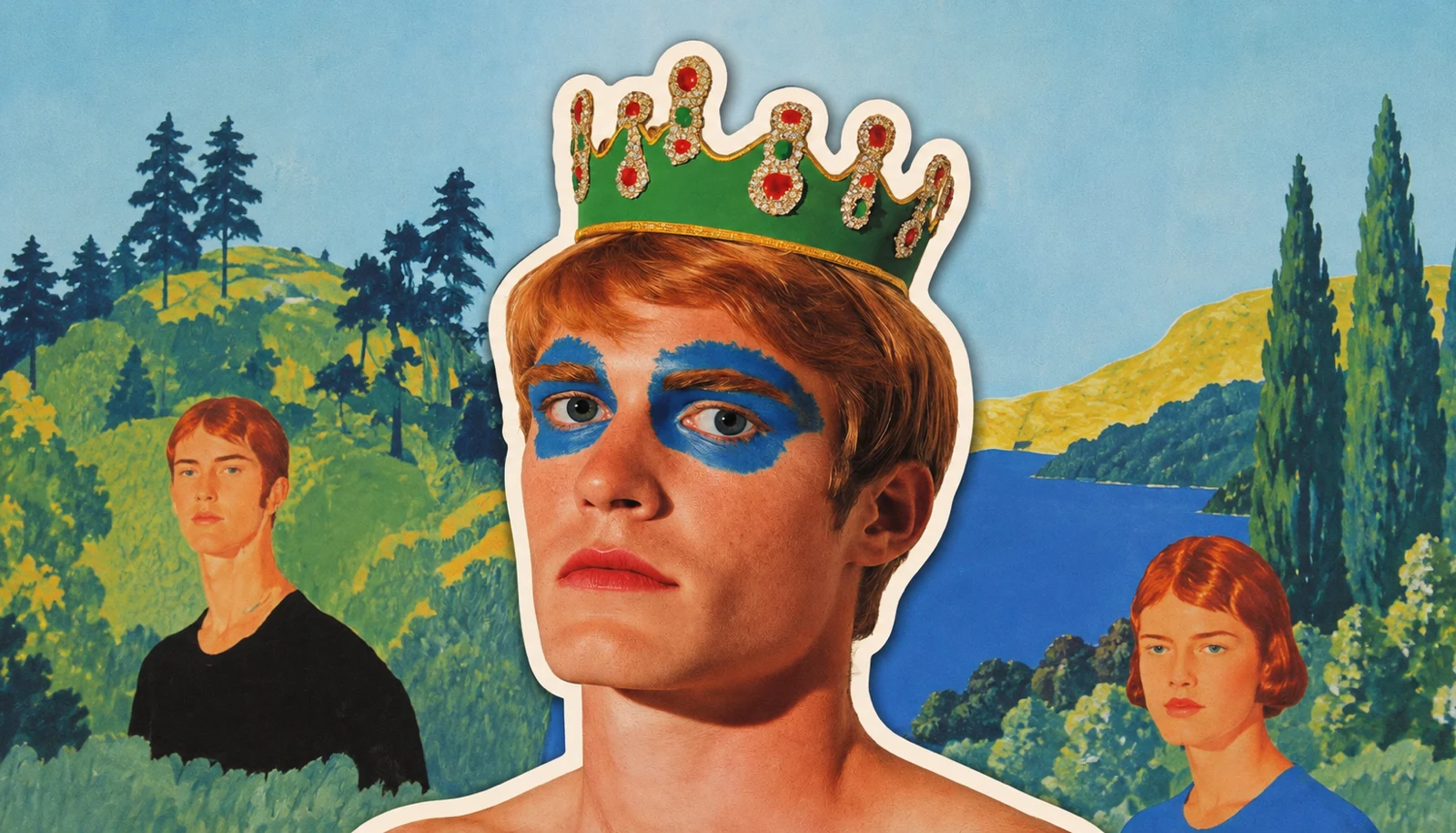 Collage éditorial : un portrait couronné au maquillage bleu, détaché sur un paysage peint