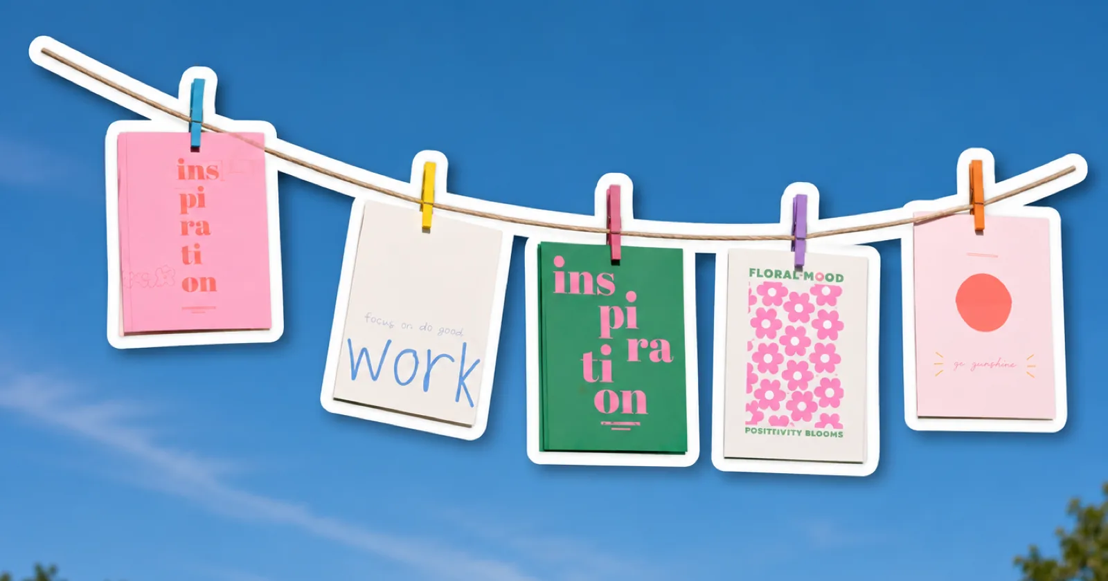Collage éditorial : cinq cartes suspendues à un fil par des pinces à linge, devant un ciel bleu