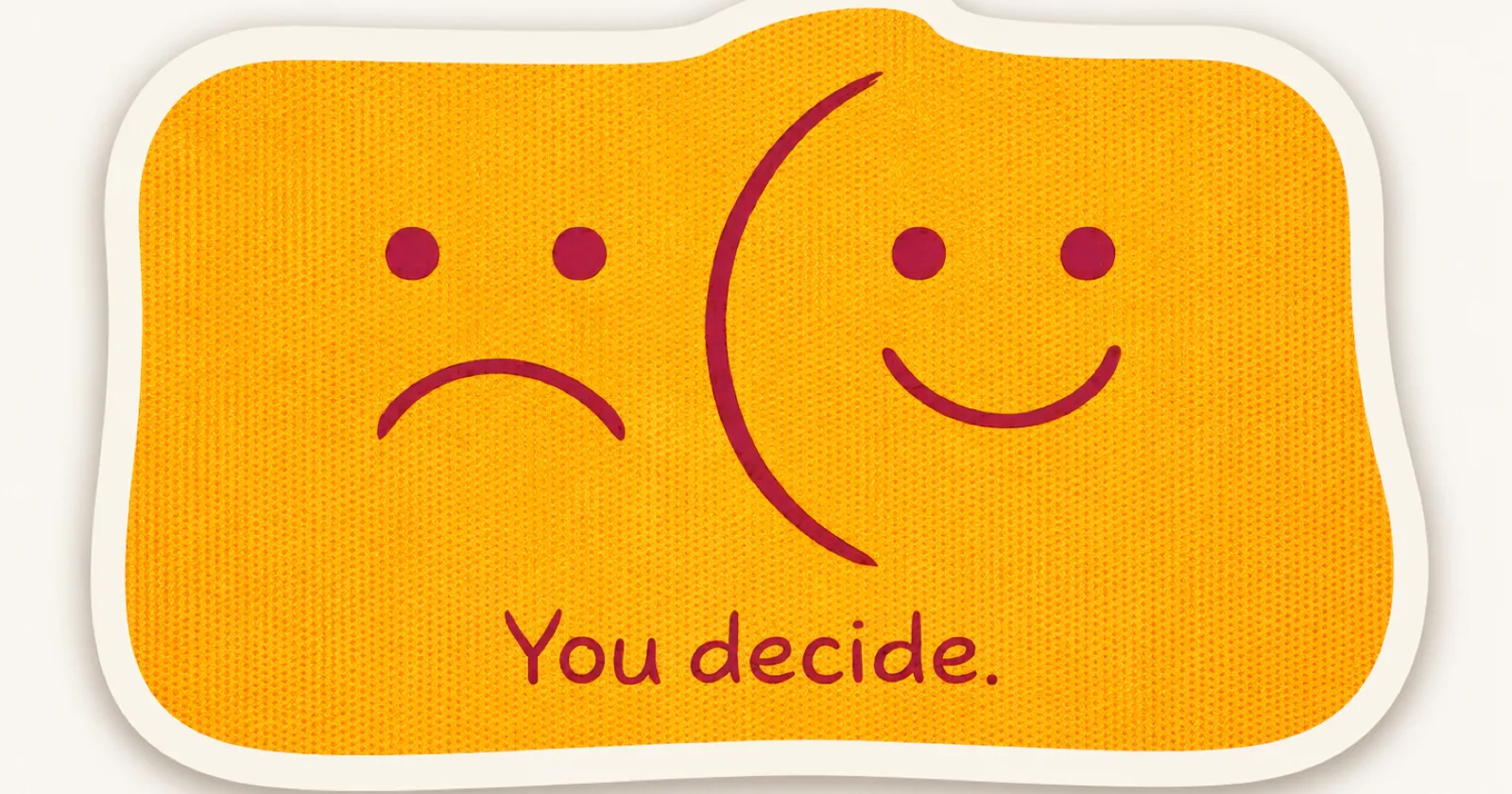 Sticker jaune montrant un visage triste à gauche et un visage souriant à droite, légende « You decide. »